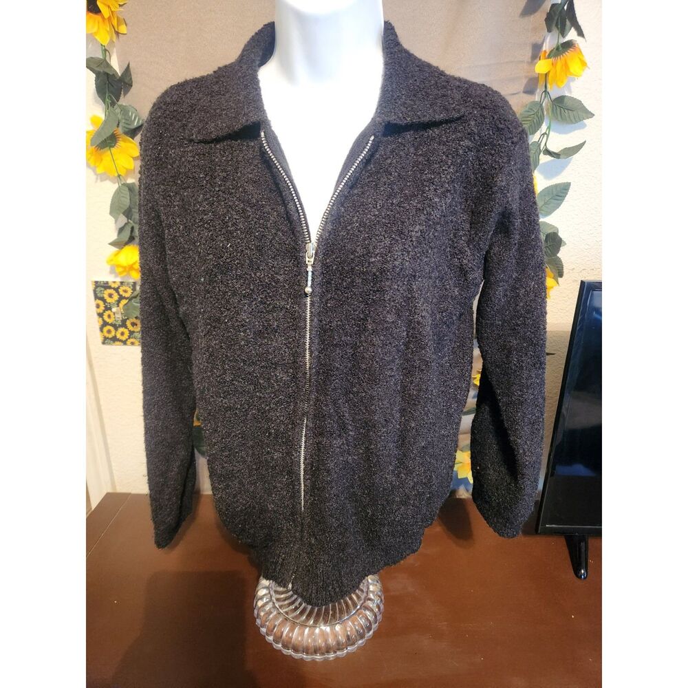Shaver Lake Women's Black Textured Full Zip Collared Sweater Size L Wool Blend